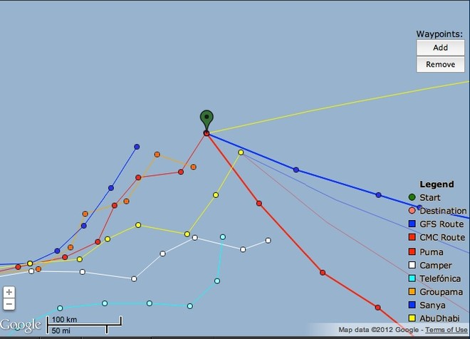Puma recommended to head south - Volvo Ocean Race, Leg 7 - May 25, 2012 at 1300hrs UTC © PredictWind.com www.predictwind.com